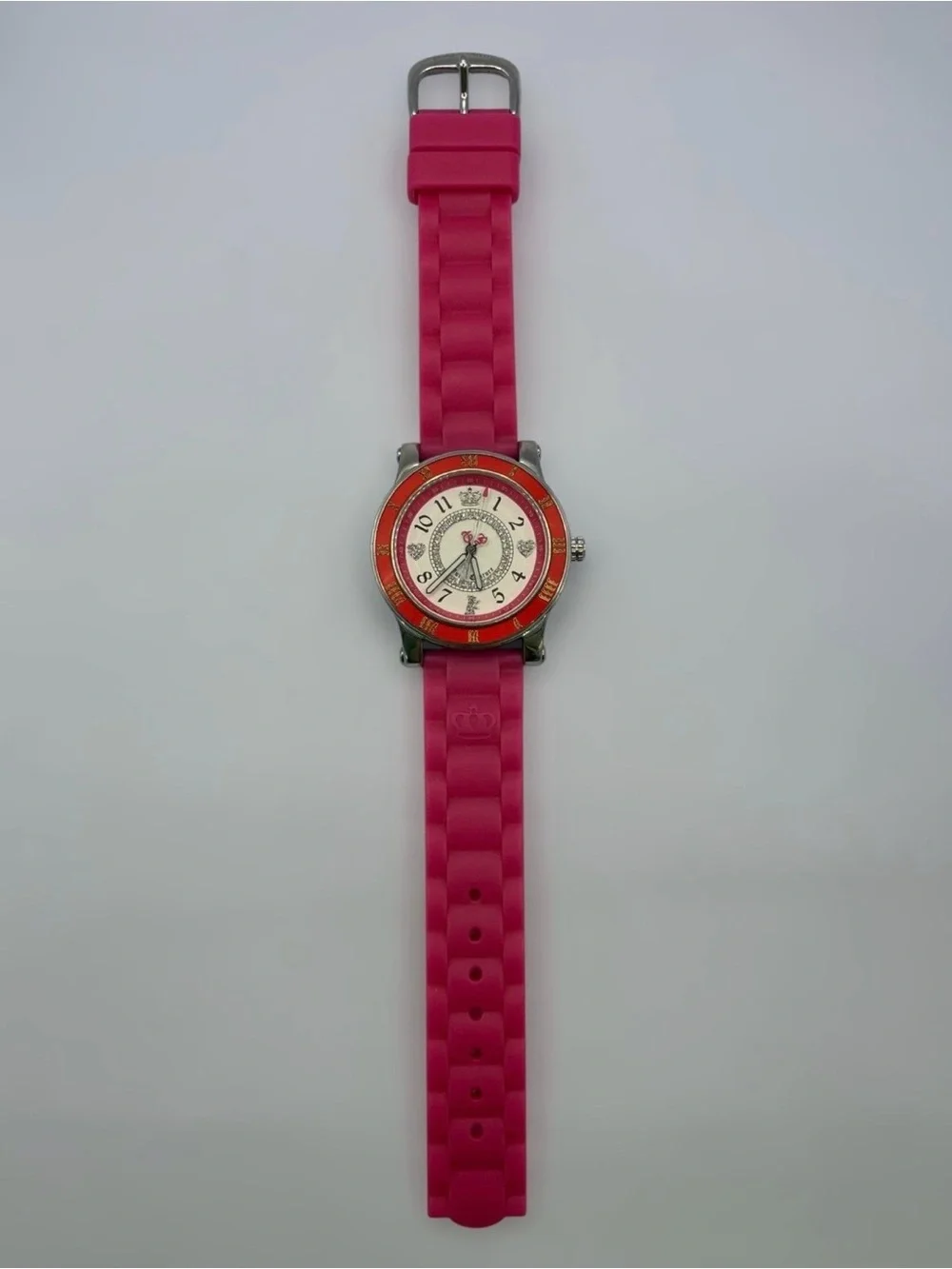 Juicy Couture Pink Silicone Strap Crystal Heart Crown Analog Watch